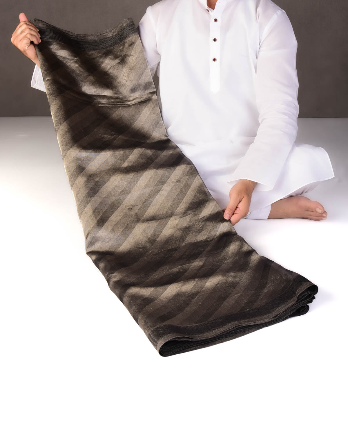 Metallic Silver Gray WATERMARK Diagonal Stripes Tanchoi Handwoven Kora Silk Banarasi Saree-HolyWeaves