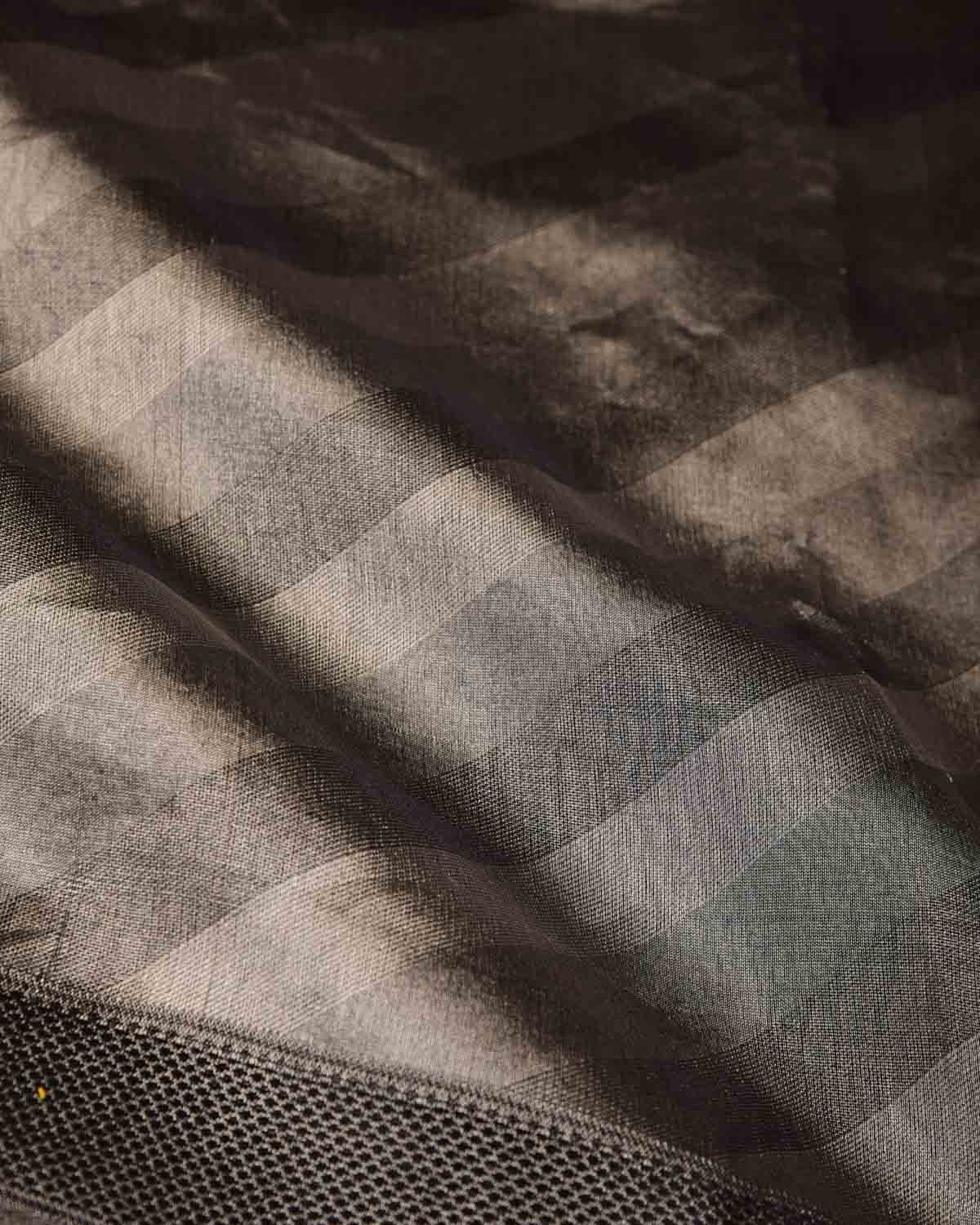 Metallic Silver Gray WATERMARK Diagonal Stripes Tanchoi Handwoven Kora Silk Banarasi Saree-HolyWeaves
