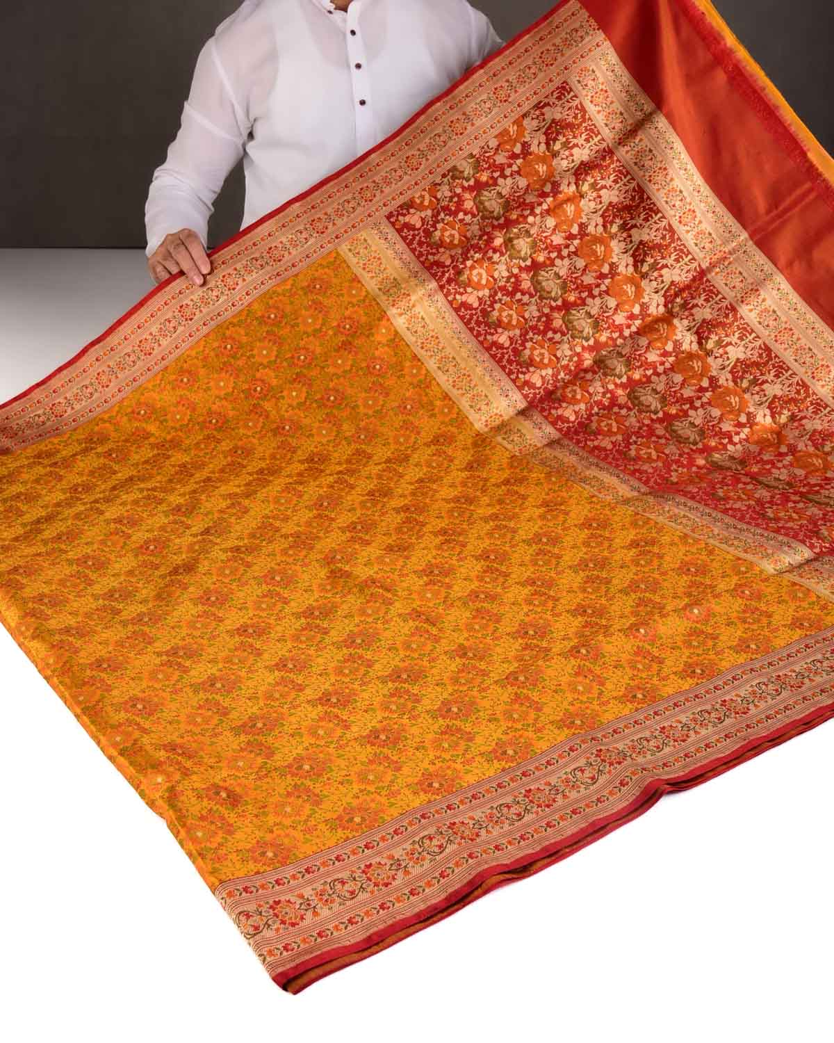 Mustard Yellow Chauhara Satin Tanchoi Jamawar Brocade Handwoven Katan Silk Banarasi Saree with Gold Zari Border Pallu-HolyWeaves