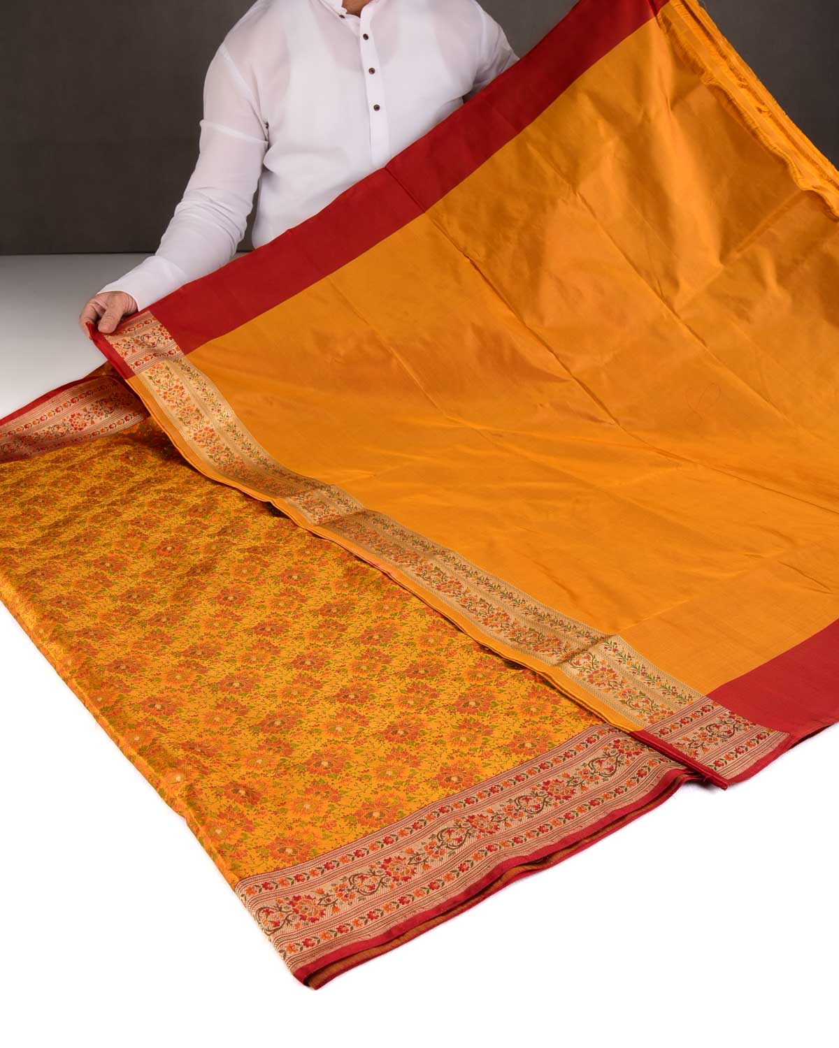 Mustard Yellow Chauhara Satin Tanchoi Jamawar Brocade Handwoven Katan Silk Banarasi Saree with Gold Zari Border Pallu-HolyWeaves