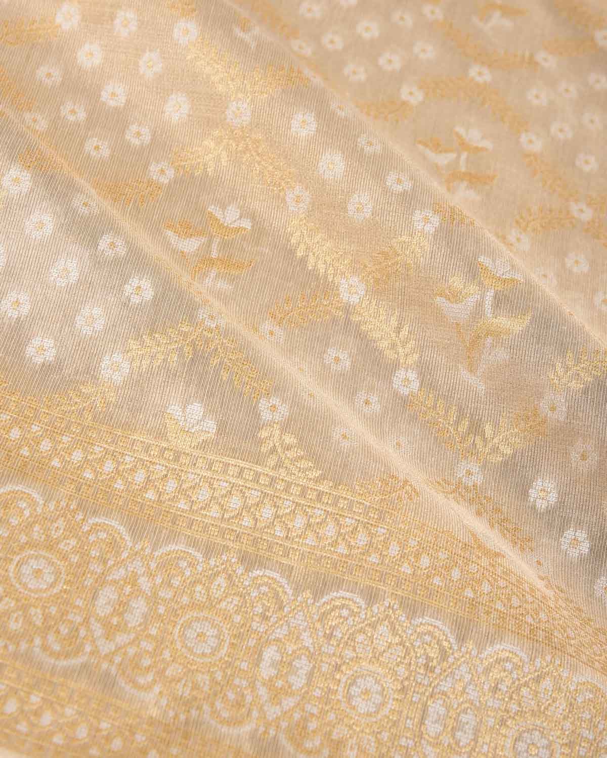 Metallic Beige Zari & Resham Jangla Cutwork Brocade Woven Art Cotton Tissue Banarasi Saree-HolyWeaves