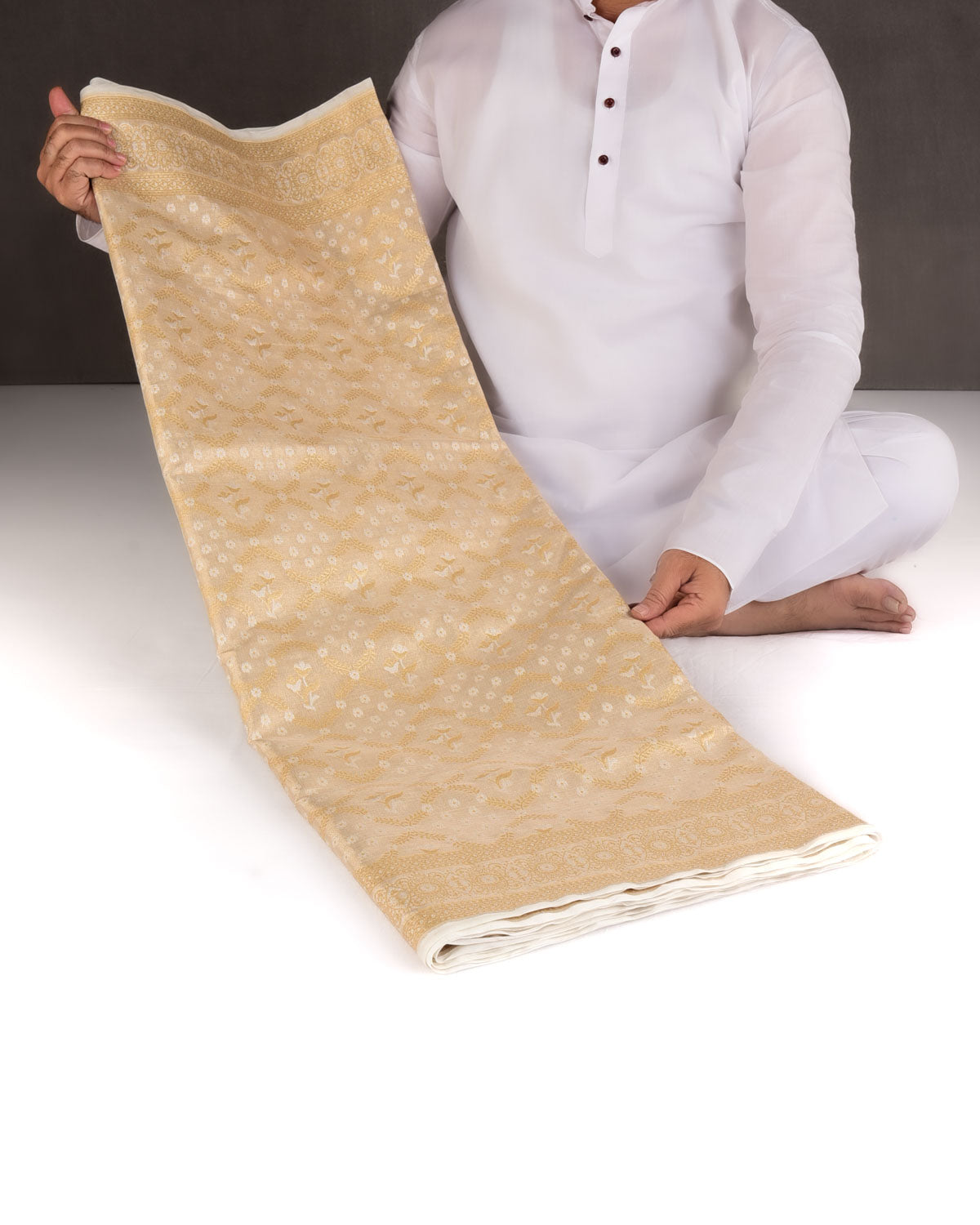 Metallic Beige Zari & Resham Jangla Cutwork Brocade Woven Art Cotton Tissue Banarasi Saree-HolyWeaves