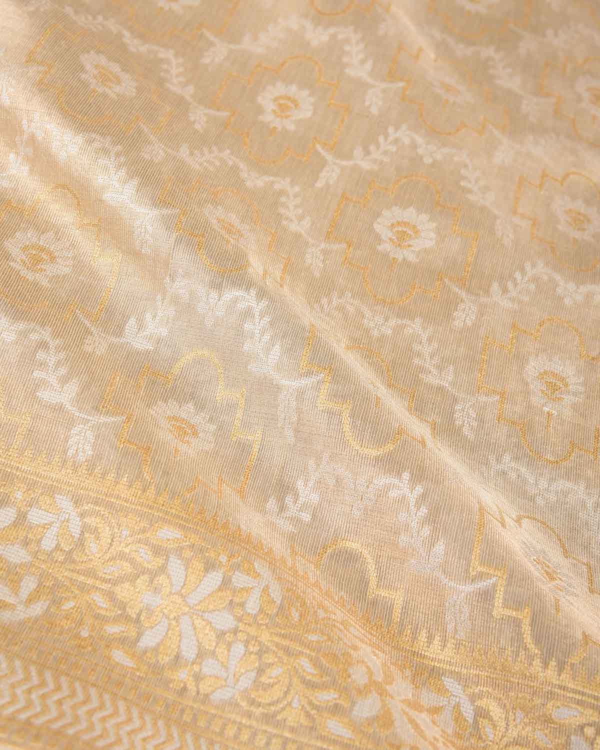Metallic Cream Zari & Resham Jangla Cutwork Brocade Woven Art Cotton Tissue Banarasi Saree-HolyWeaves