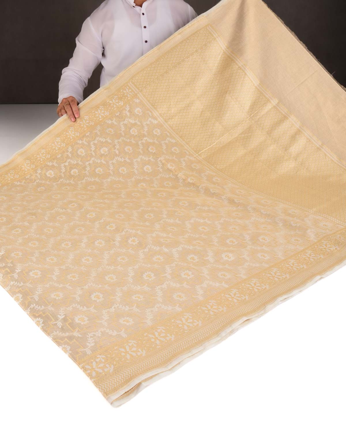 Metallic Cream Zari & Resham Jangla Cutwork Brocade Woven Art Cotton Tissue Banarasi Saree-HolyWeaves