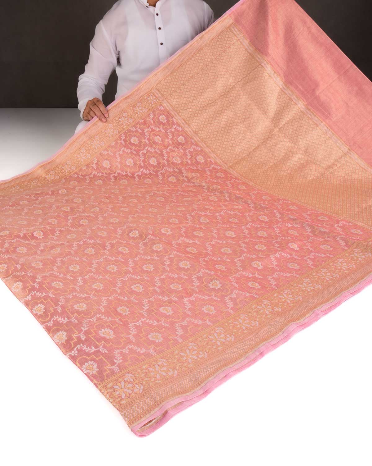 Metallic Pink Zari & Resham Jangla Cutwork Brocade Woven Art Cotton Tissue Banarasi Saree-HolyWeaves