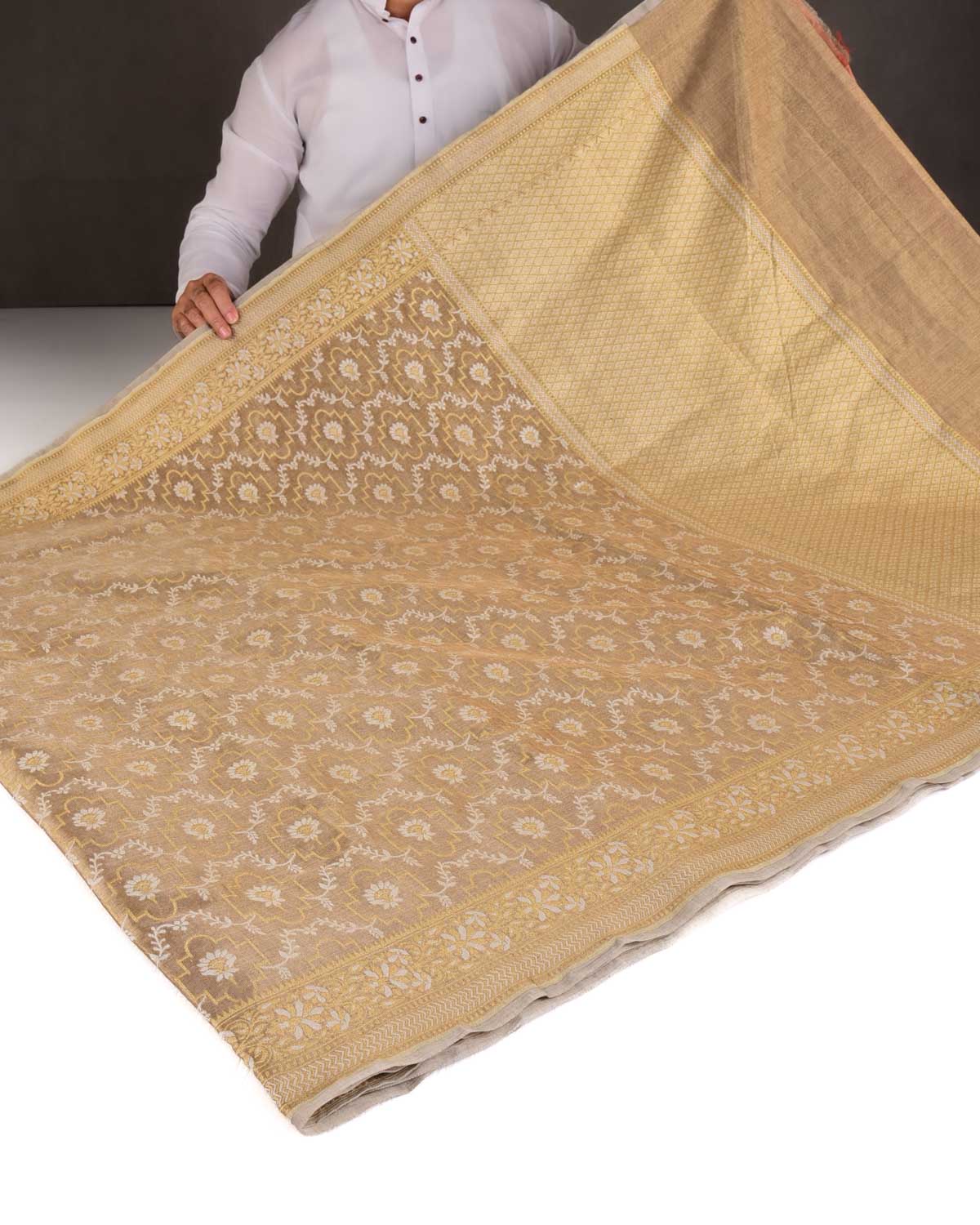 Metallic Antique Gold Zari & Resham Jangla Cutwork Brocade Woven Art Cotton Tissue Banarasi Saree-HolyWeaves