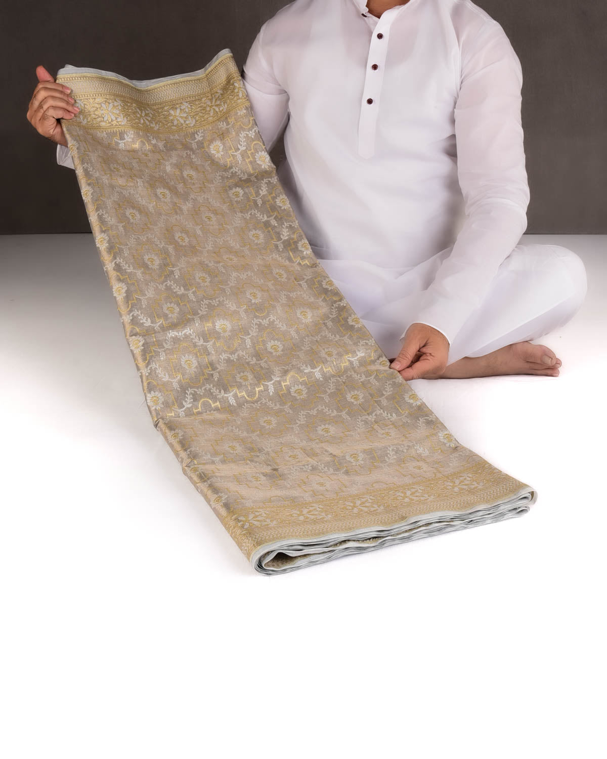 Metallic Gray Zari & Resham Jangla Cutwork Brocade Woven Art Cotton Tissue Banarasi Saree-HolyWeaves