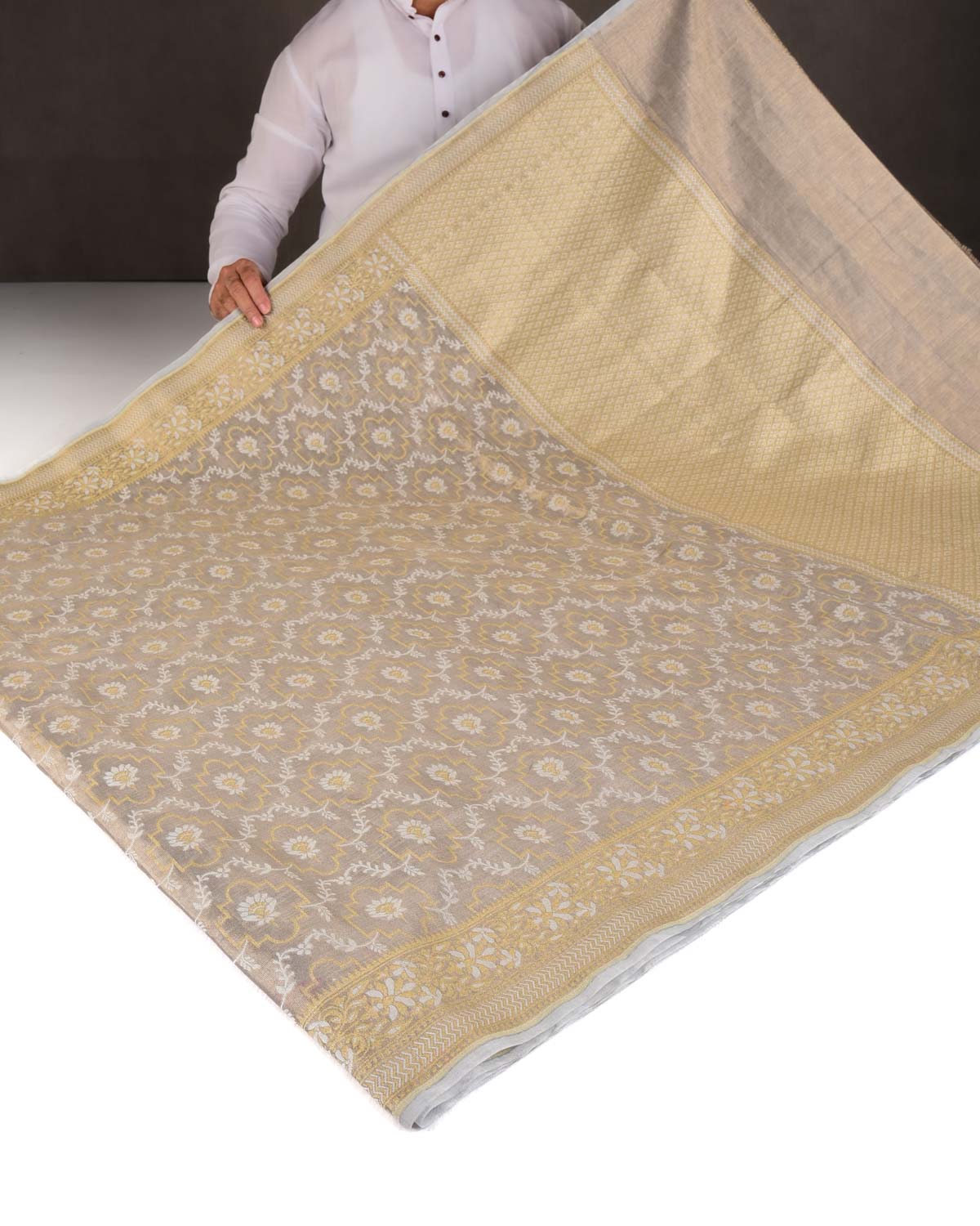 Metallic Gray Zari & Resham Jangla Cutwork Brocade Woven Art Cotton Tissue Banarasi Saree-HolyWeaves