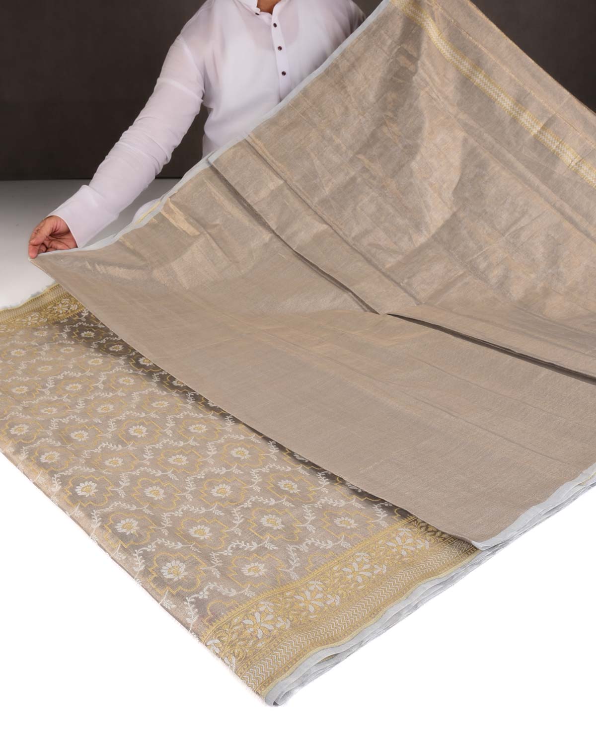 Metallic Gray Zari & Resham Jangla Cutwork Brocade Woven Art Cotton Tissue Banarasi Saree-HolyWeaves