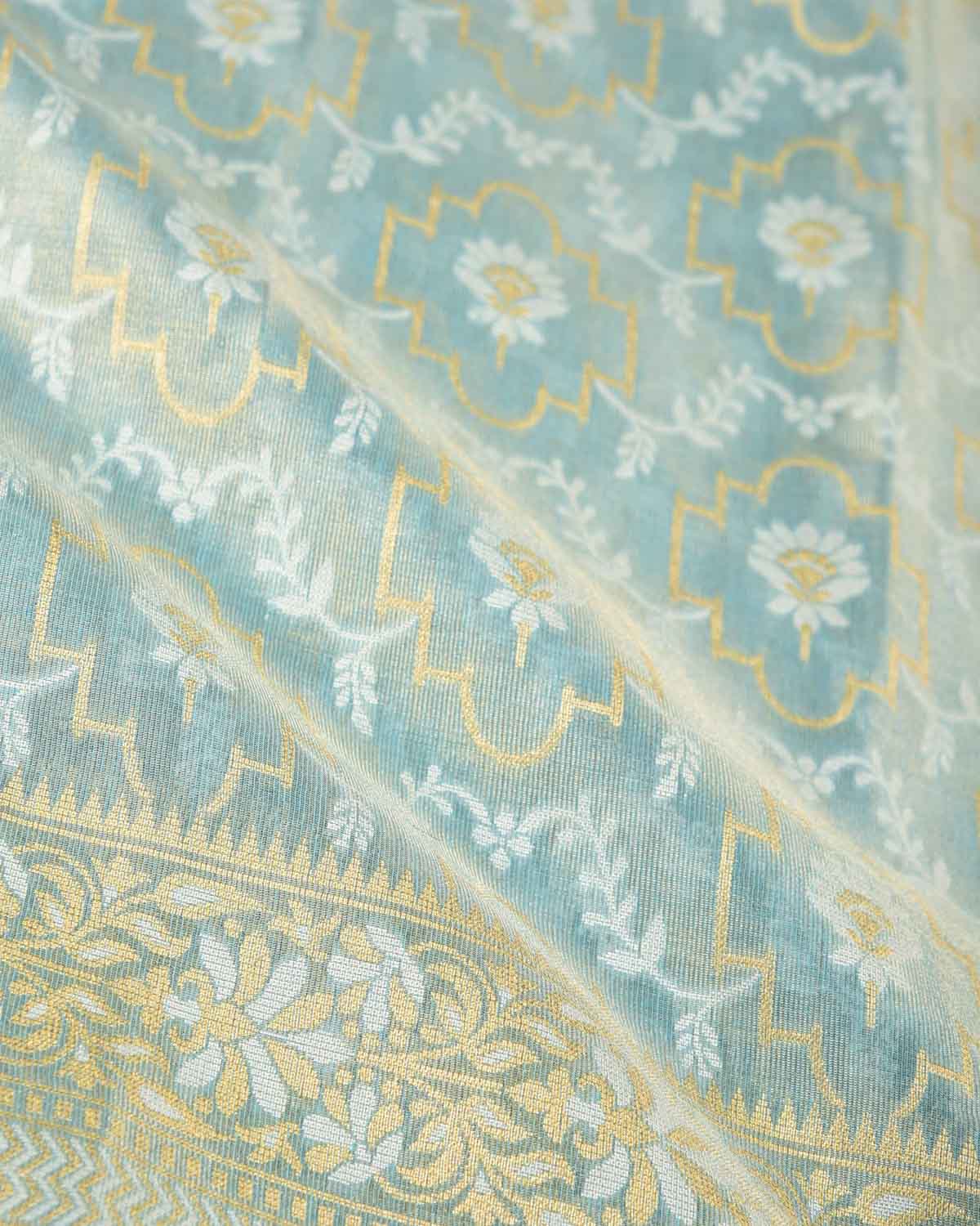 Metallic Blue Zari & Resham Jangla Cutwork Brocade Woven Art Cotton Tissue Banarasi Saree-HolyWeaves