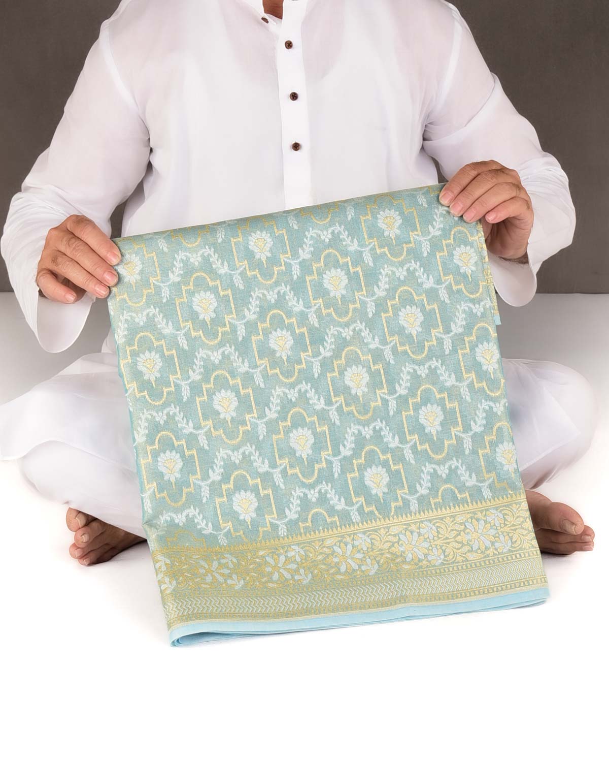 Metallic Blue Zari & Resham Jangla Cutwork Brocade Woven Art Cotton Tissue Banarasi Saree-HolyWeaves