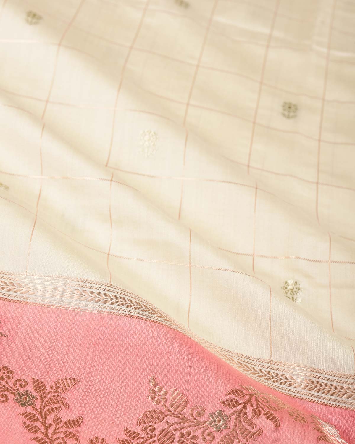 Cream Chequered Buti Cutwork Brocade Woven Spun Silk Banarasi Saree with Pink Border Pallu-HolyWeaves