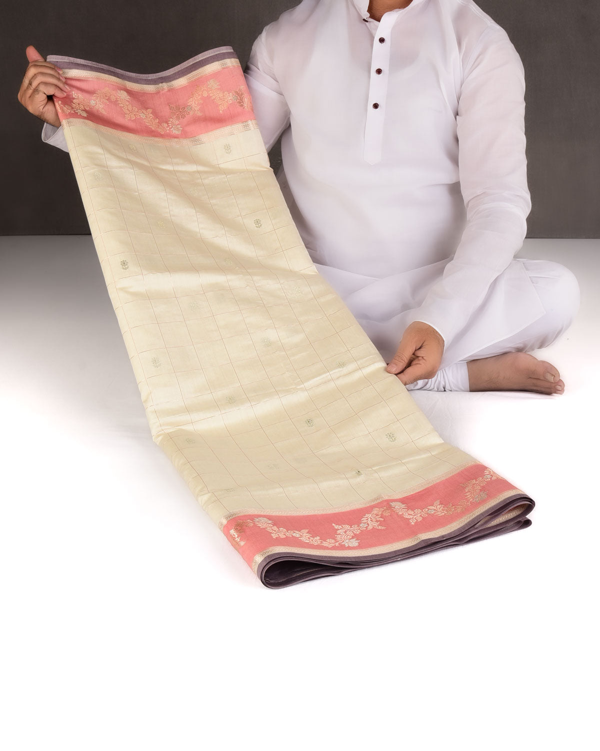 Cream Chequered Buti Cutwork Brocade Woven Spun Silk Banarasi Saree with Pink Border Pallu-HolyWeaves