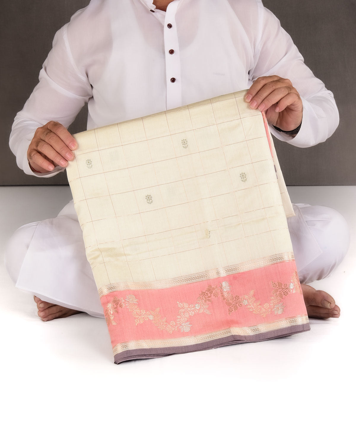 Cream Chequered Buti Cutwork Brocade Woven Spun Silk Banarasi Saree with Pink Border Pallu-HolyWeaves