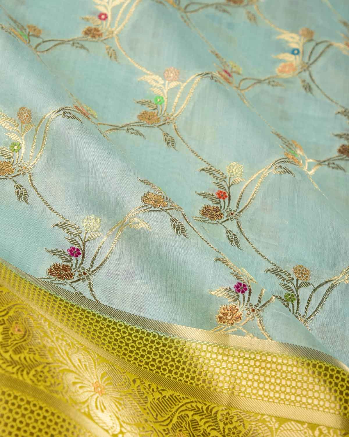 Blue Gold Zari & Meenekari Jaal Cutwork Brocade Woven Spun Silk Banarasi Saree with Green Border Pallu-HolyWeaves