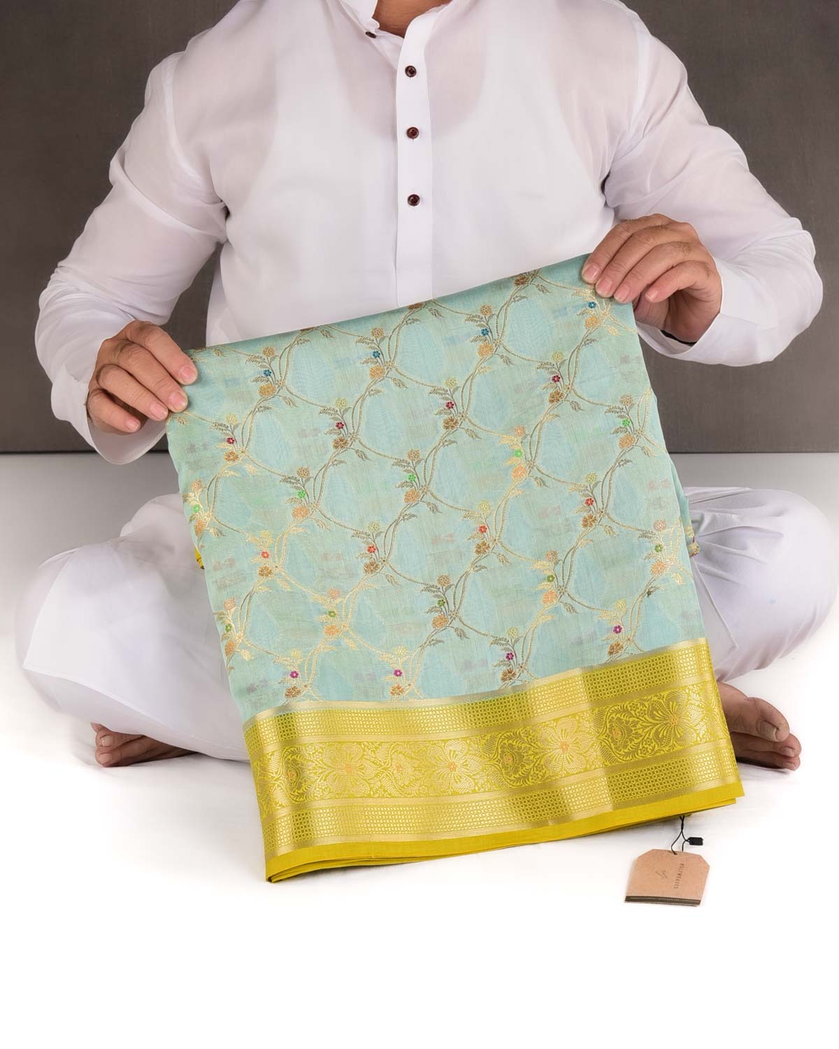 Blue Gold Zari & Meenekari Jaal Cutwork Brocade Woven Spun Silk Banarasi Saree with Green Border Pallu-HolyWeaves