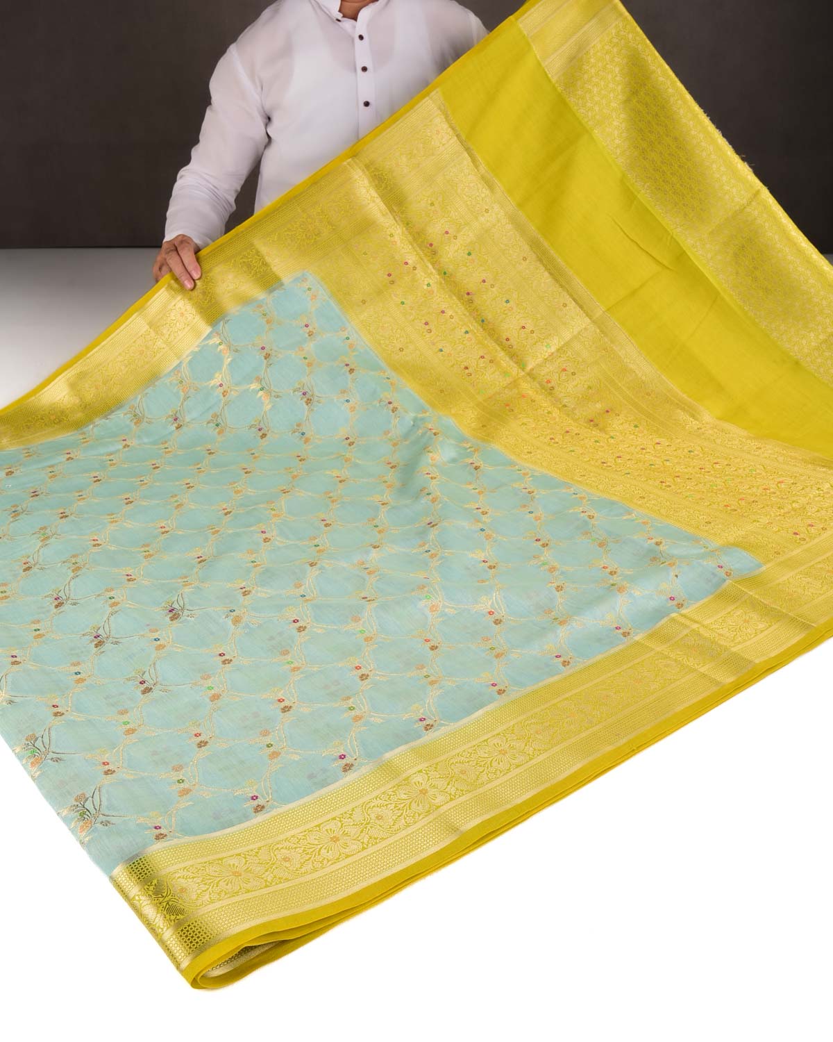 Blue Gold Zari & Meenekari Jaal Cutwork Brocade Woven Spun Silk Banarasi Saree with Green Border Pallu-HolyWeaves