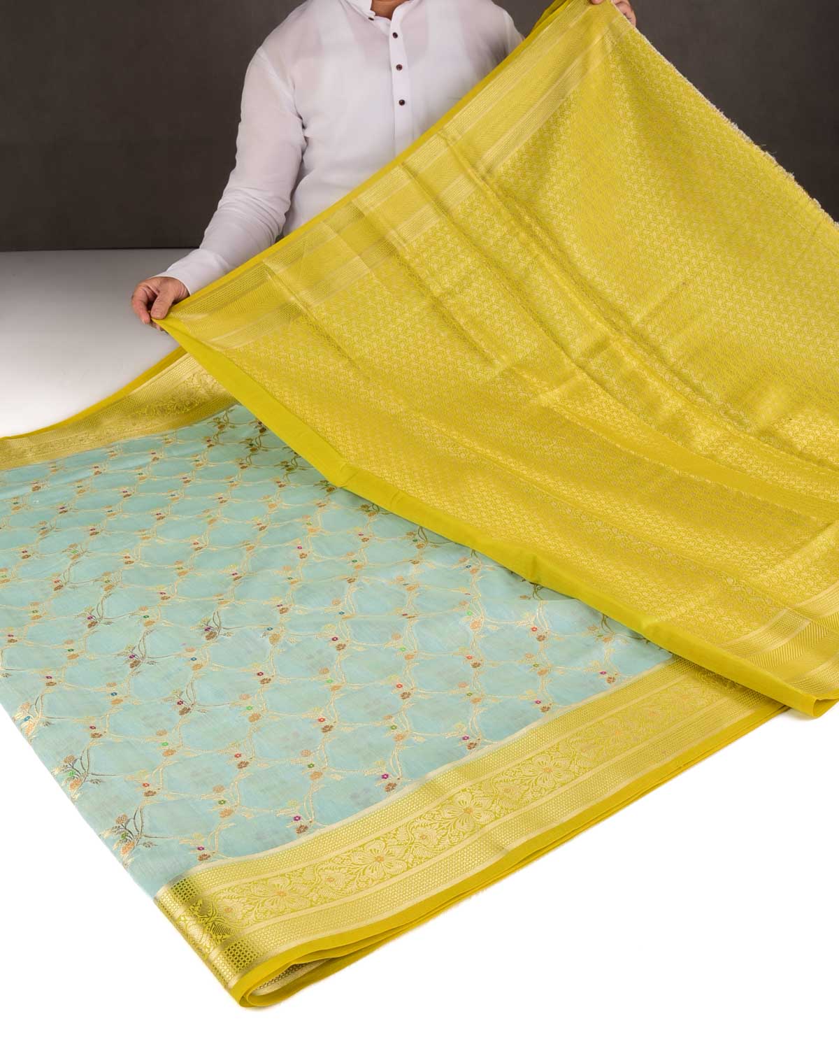 Blue Gold Zari & Meenekari Jaal Cutwork Brocade Woven Spun Silk Banarasi Saree with Green Border Pallu-HolyWeaves