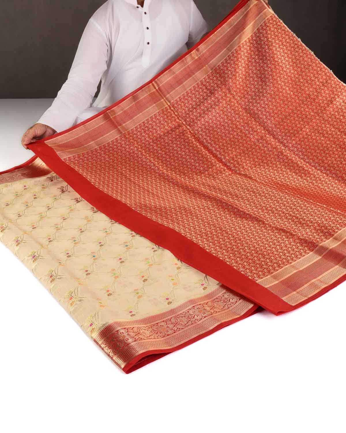 Cream Gold Zari & Meenekari Jaal Cutwork Brocade Woven Spun Silk Banarasi Saree with Red Border Pallu-HolyWeaves