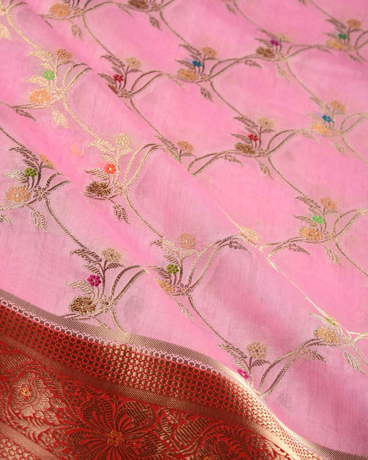 Pink Gold Zari & Meenekari Jaal Cutwork Brocade Woven Spun Silk Banarasi Saree with Red Border Pallu-HolyWeaves