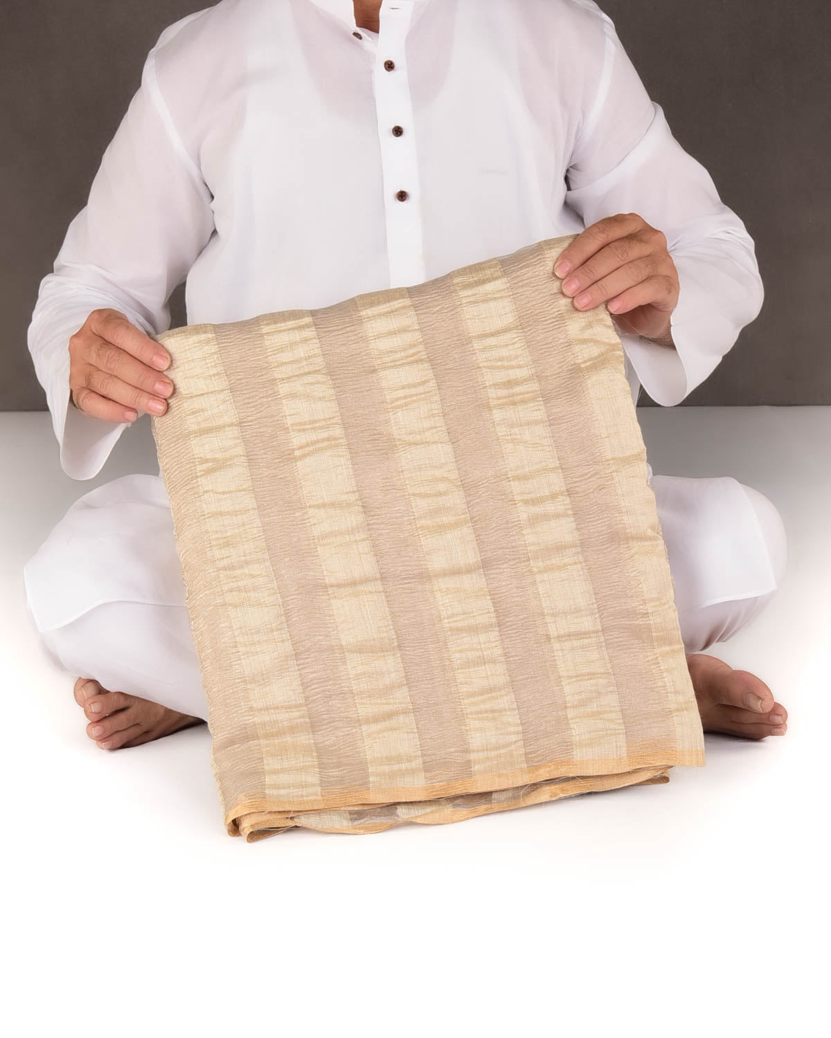 Beige Tissue Stripes Brocade Handwoven Crush Muga Silk Banarasi Saree-HolyWeaves