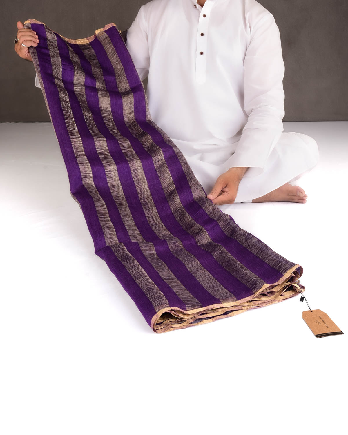 Purple Crush Gold Zari Stripes Brocade Handwoven Muga Silk Banarasi Saree-HolyWeaves