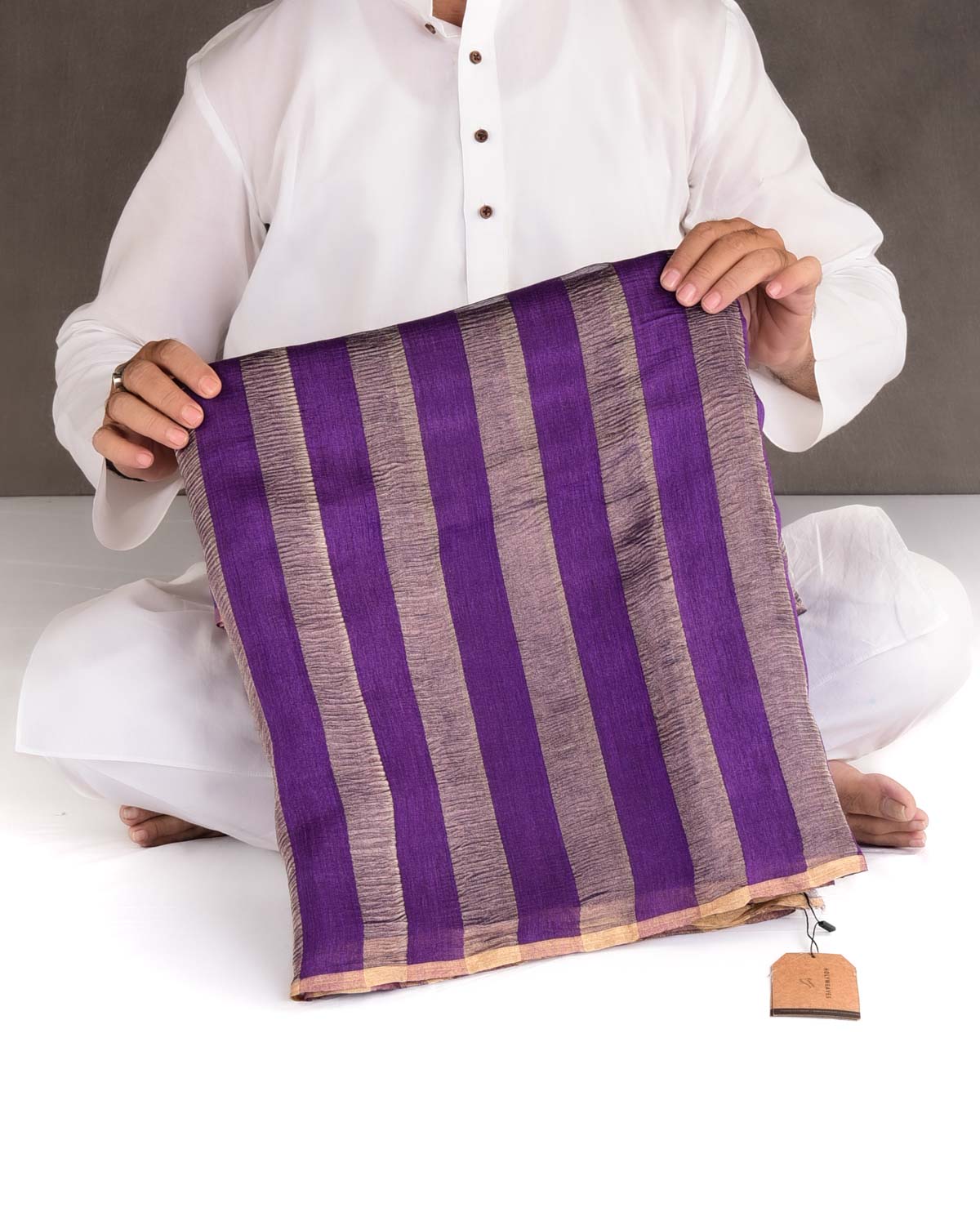 Purple Crush Gold Zari Stripes Brocade Handwoven Muga Silk Banarasi Saree-HolyWeaves