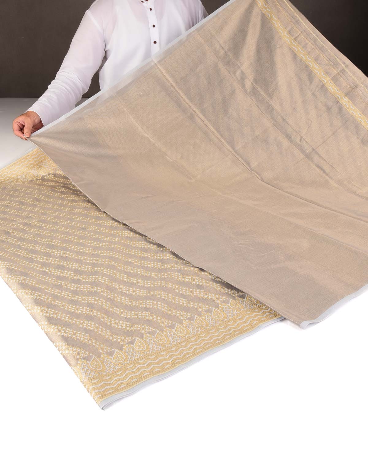 Metallic Gray Zari & Resham Diagonal Ornament Stripes Cutwork Brocade Woven Art Cotton Tissue Banarasi Saree-HolyWeaves