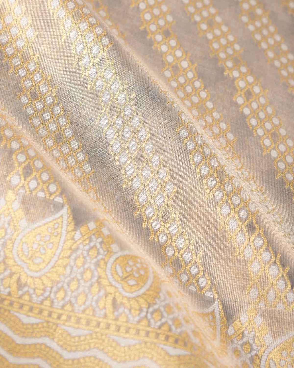 Metallic Gray Zari & Resham Diagonal Ornament Stripes Cutwork Brocade Woven Art Cotton Tissue Banarasi Saree-HolyWeaves