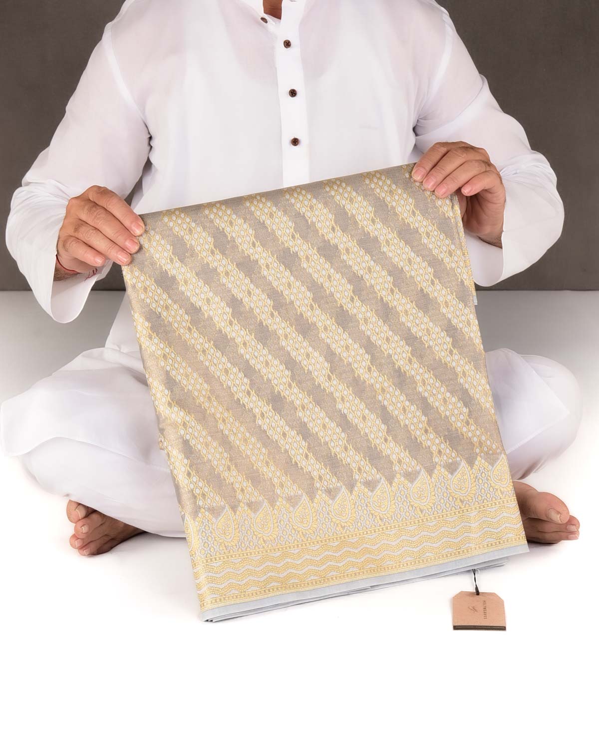 Metallic Gray Zari & Resham Diagonal Ornament Stripes Cutwork Brocade Woven Art Cotton Tissue Banarasi Saree-HolyWeaves