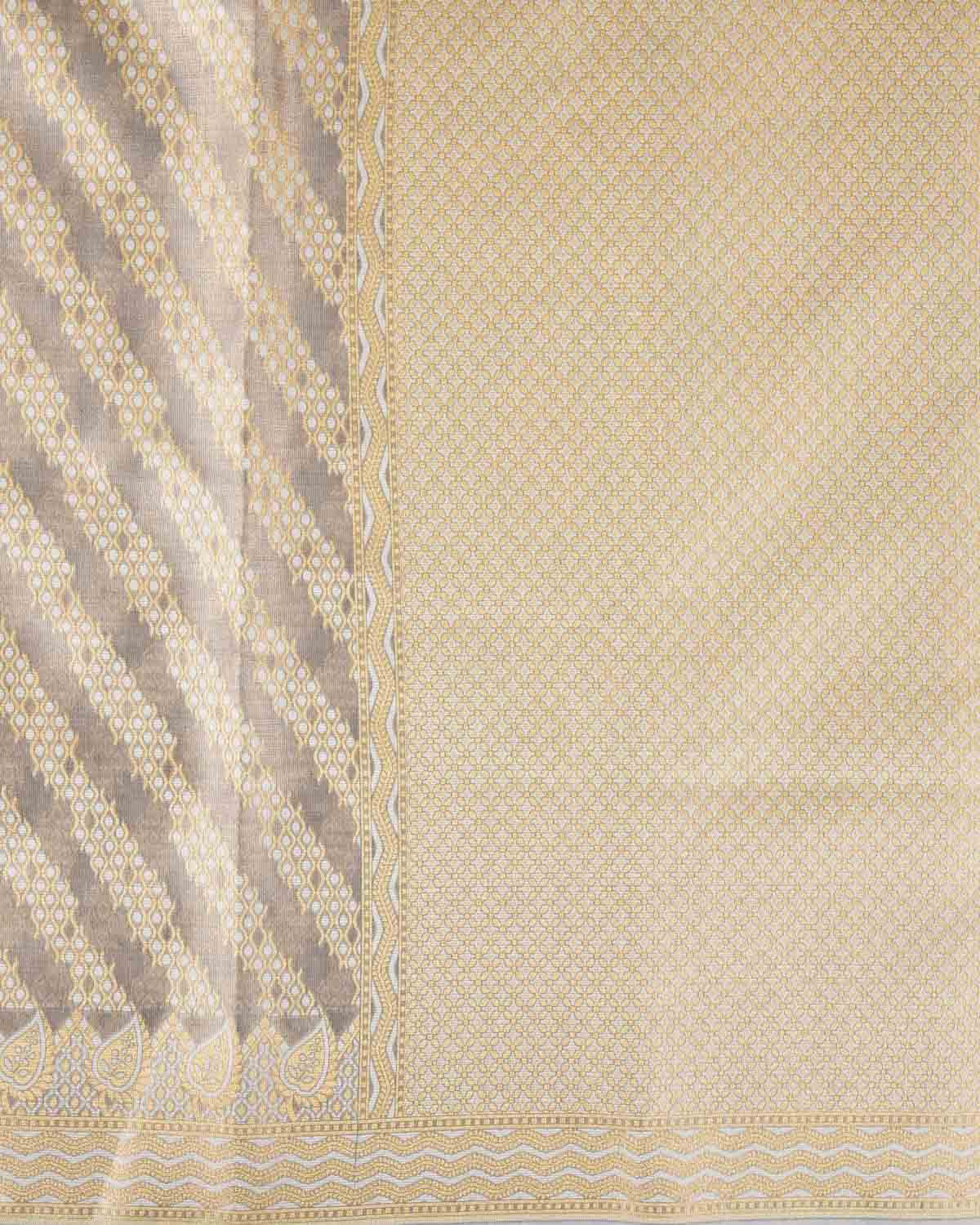 Metallic Gray Zari & Resham Diagonal Ornament Stripes Cutwork Brocade Woven Art Cotton Tissue Banarasi Saree-HolyWeaves