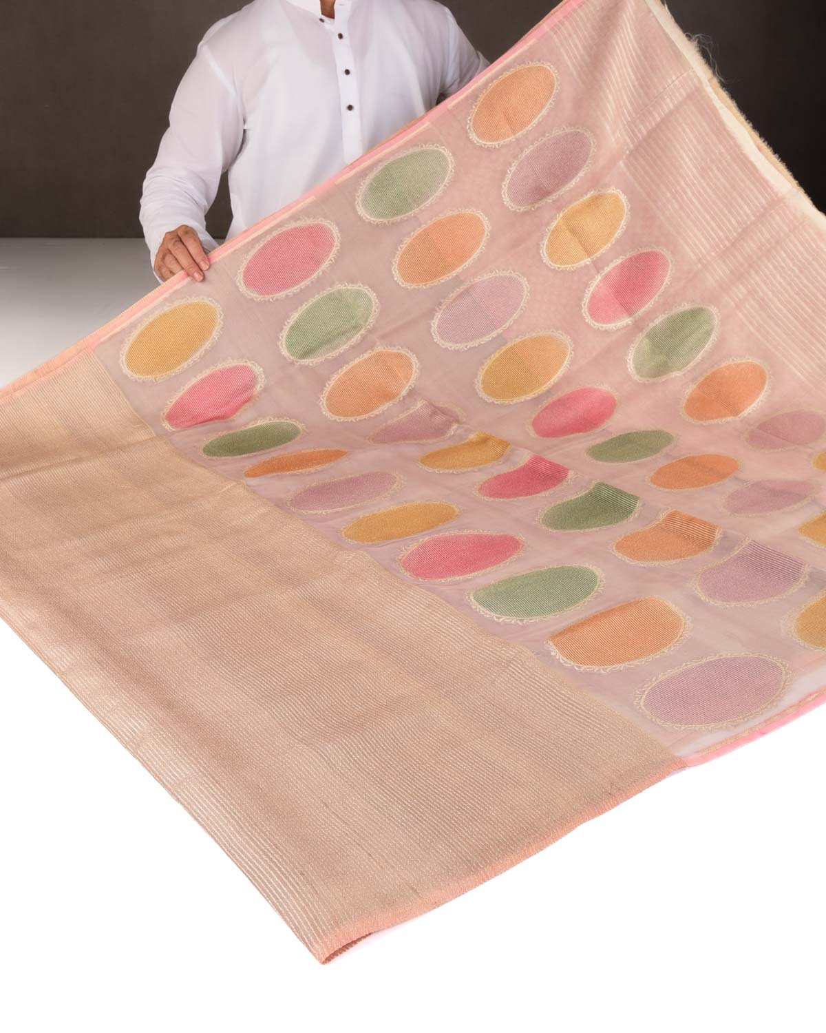 Mauve Hand Brush Dye Gold Zari Ellipse Cutwork Brocade Handwoven Kora Tasar Silk Banarasi Saree-HolyWeaves