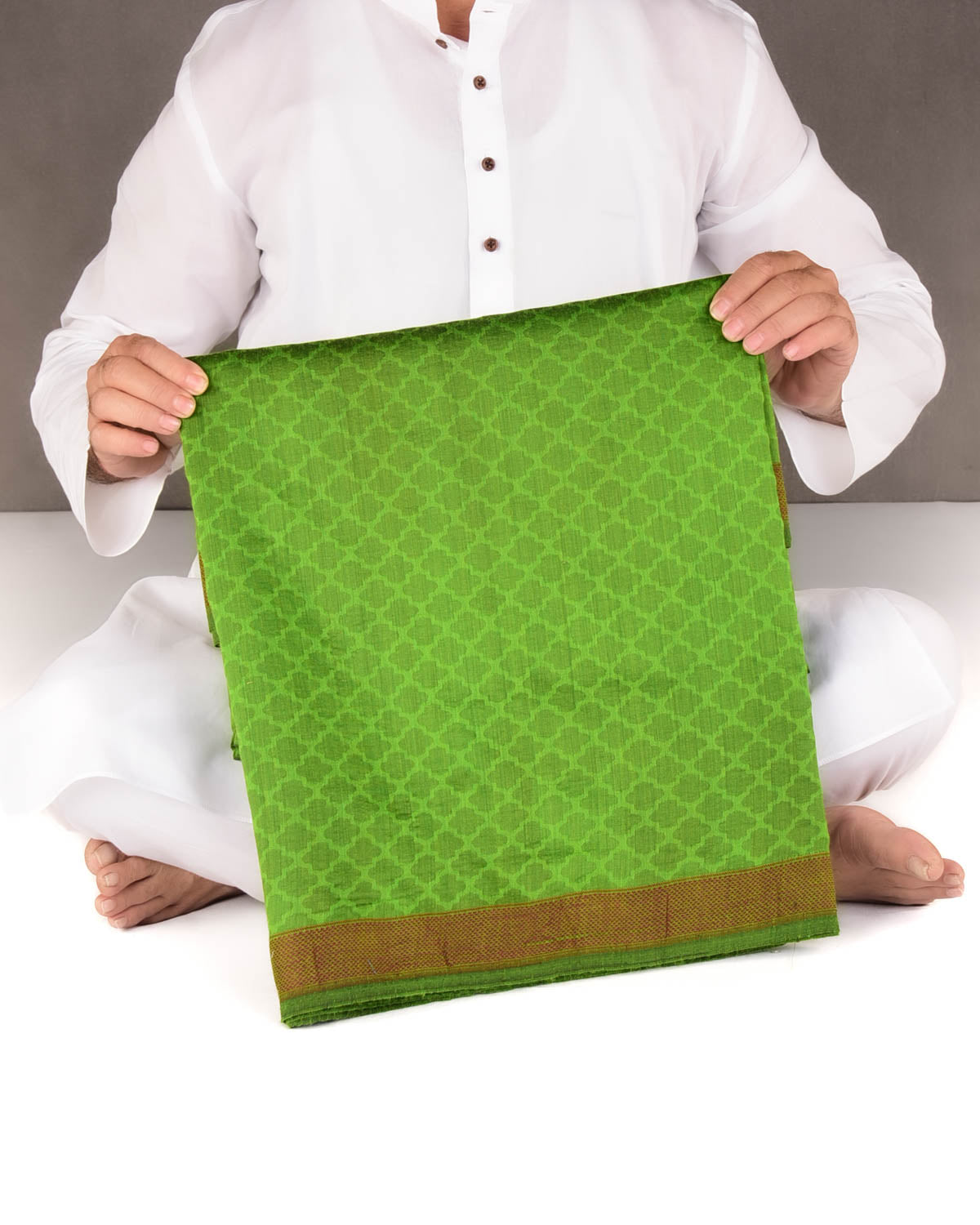 Green WATREMARK Moroccon Grids Tanchoi Handwoven Silk Wool Banarasi Saree with Contrast Red Border Pallu-HolyWeaves