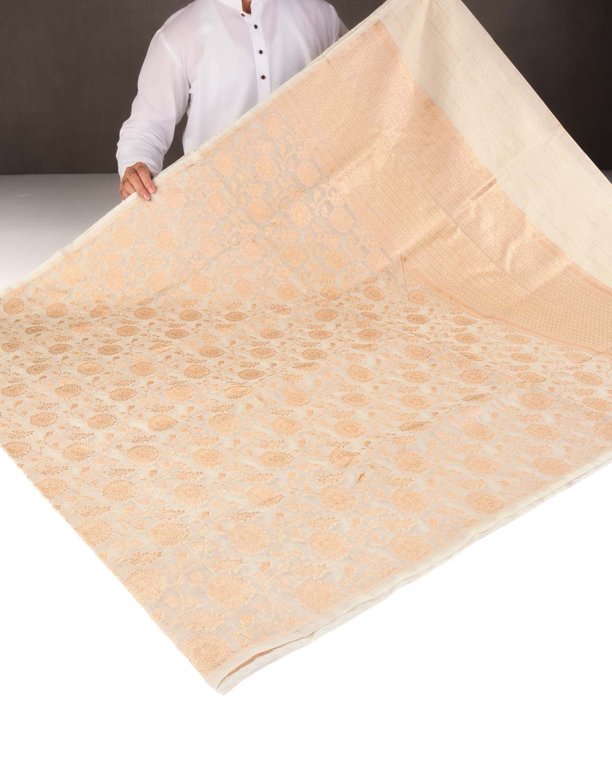 Ivory White Gold Zari Floral Jaal Cutwork Brocade Woven Cotton Silk Banarasi Saree-HolyWeaves