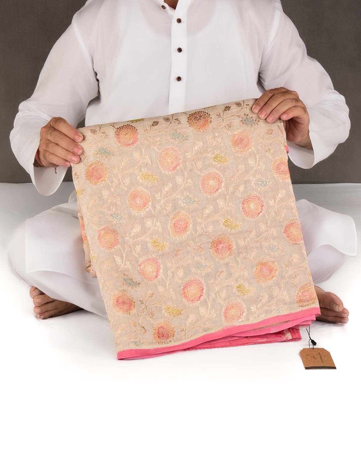Ivory White Gold Zari Hand Brushed Floral Jaal Cutwork Brocade Woven Cotton Silk Banarasi Saree-HolyWeaves