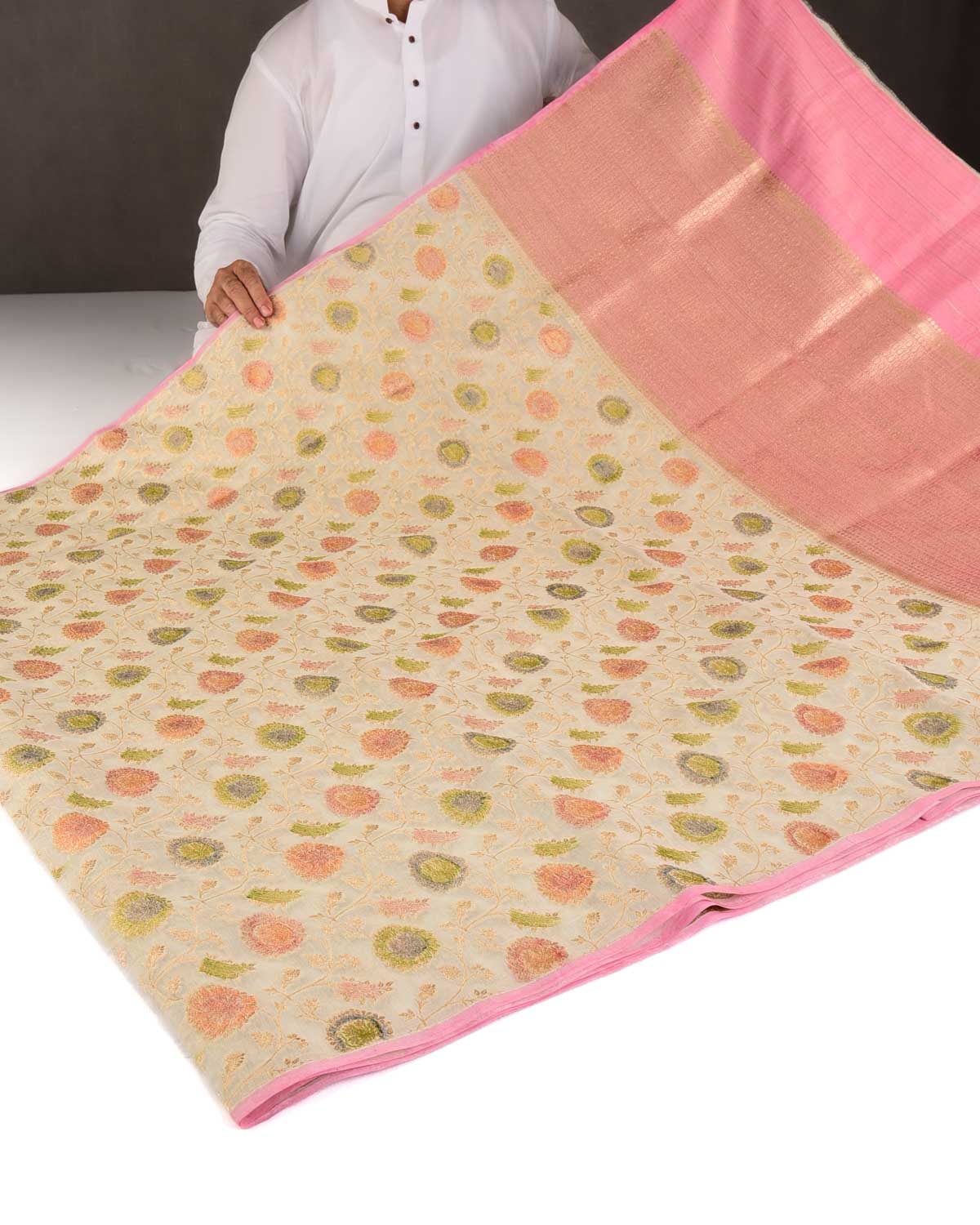Ivory White Gold Zari Hand Brushed Floral Jaal Cutwork Brocade Woven Cotton Silk Banarasi Saree-HolyWeaves