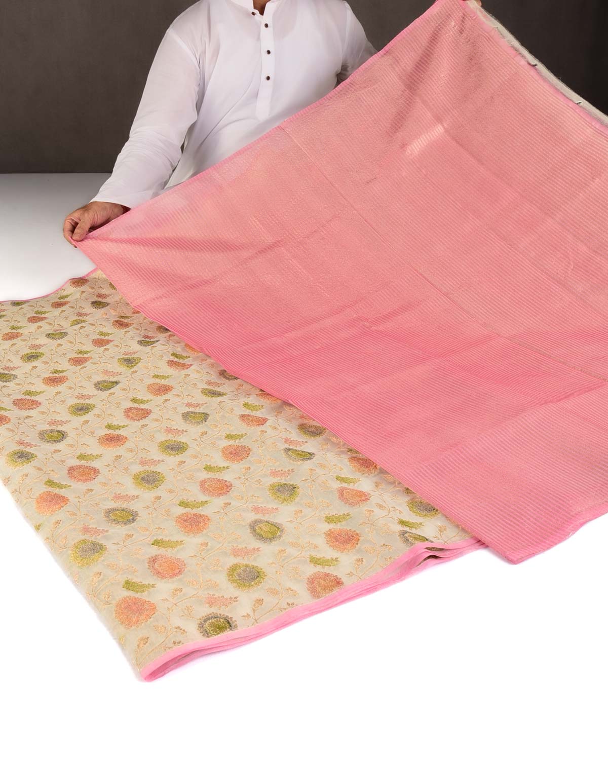 Ivory White Gold Zari Hand Brushed Floral Jaal Cutwork Brocade Woven Cotton Silk Banarasi Saree-HolyWeaves