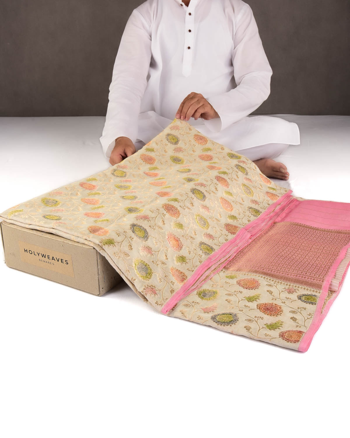 Ivory White Gold Zari Hand Brushed Floral Jaal Cutwork Brocade Woven Cotton Silk Banarasi Saree-HolyWeaves
