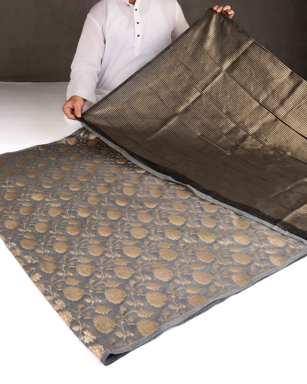 Gray Dye Gold Zari Floral Jaal Cutwork Brocade Woven Cotton Silk Banarasi Saree