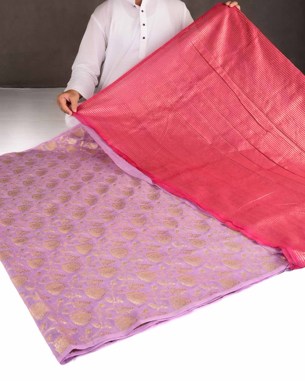 Mauve Dye Gold Zari Floral Jaal Cutwork Brocade Woven Cotton Silk Banarasi Saree