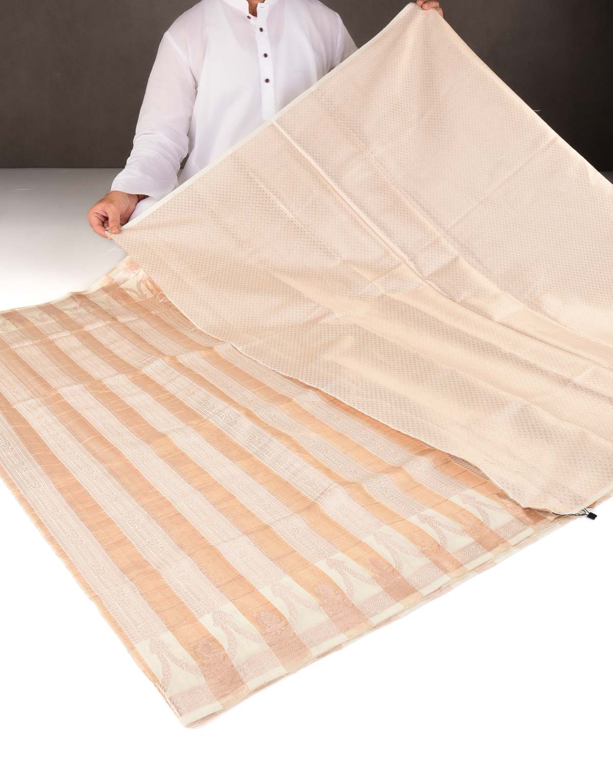 Metallic Gold 2-tone Zari Panels Cutwork Brocade Woven Kora Tissue Banarasi Saree-HolyWeaves