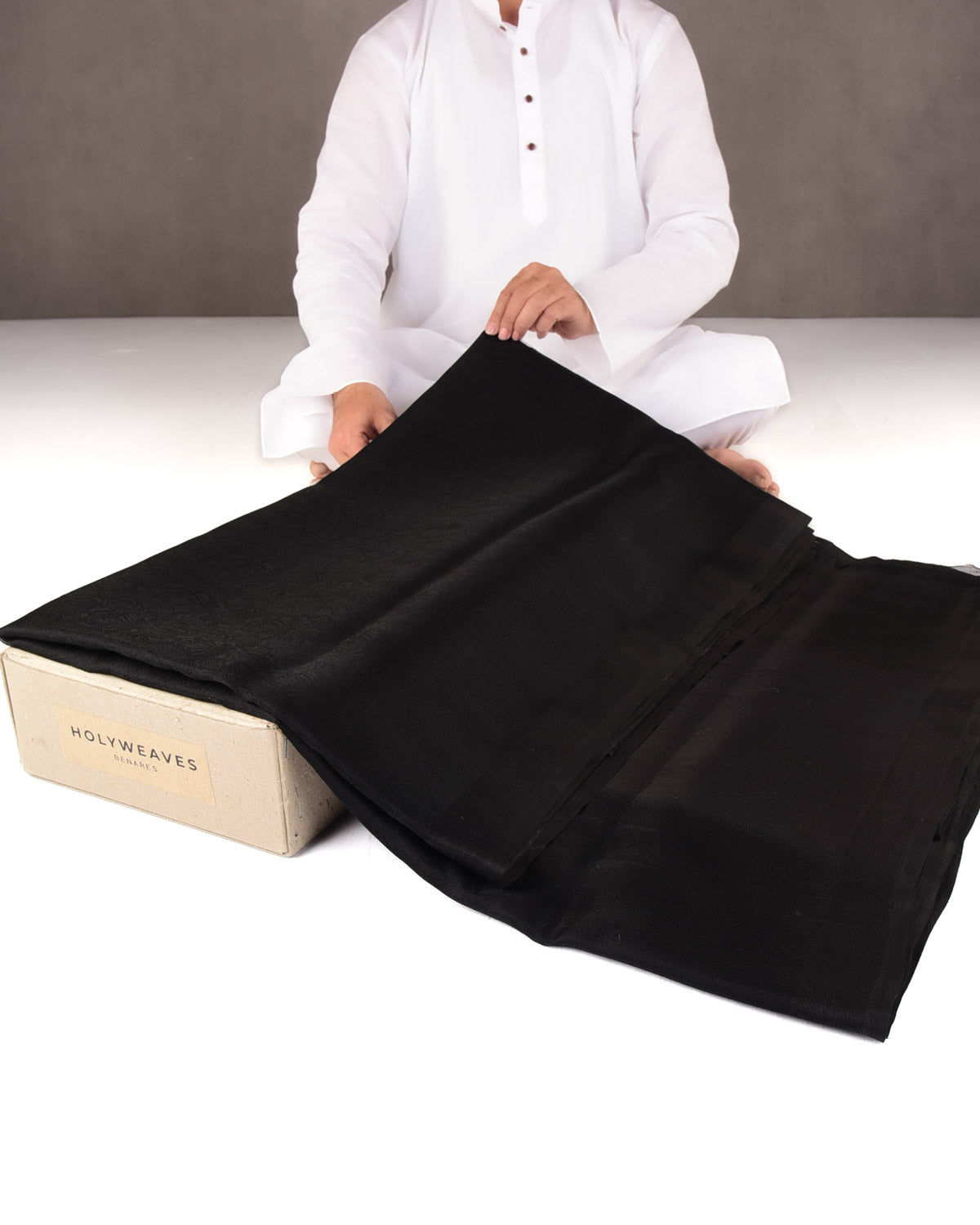 Black WATERMARK Spider Web Tanchoi Handwoven Kora Silk Banarasi Saree-HolyWeaves