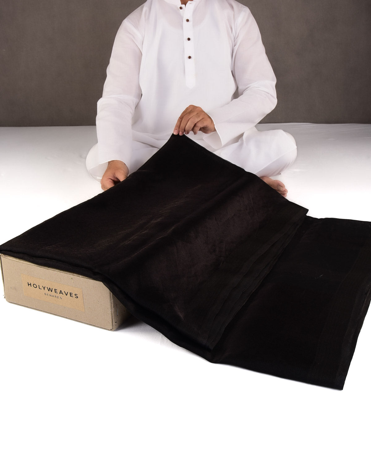 Black WATERMARK Spider Web Brocade Handwoven Kora Tissue Banarasi Saree-HolyWeaves