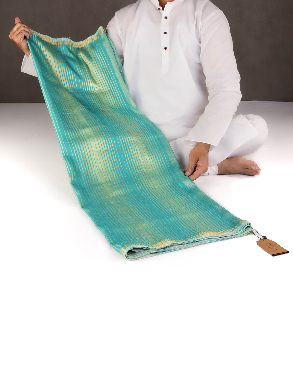 Aqua Marine Gold Zari Graduated Stripes Brocade Woven Muga Silk Banarasi Saree-HolyWeaves