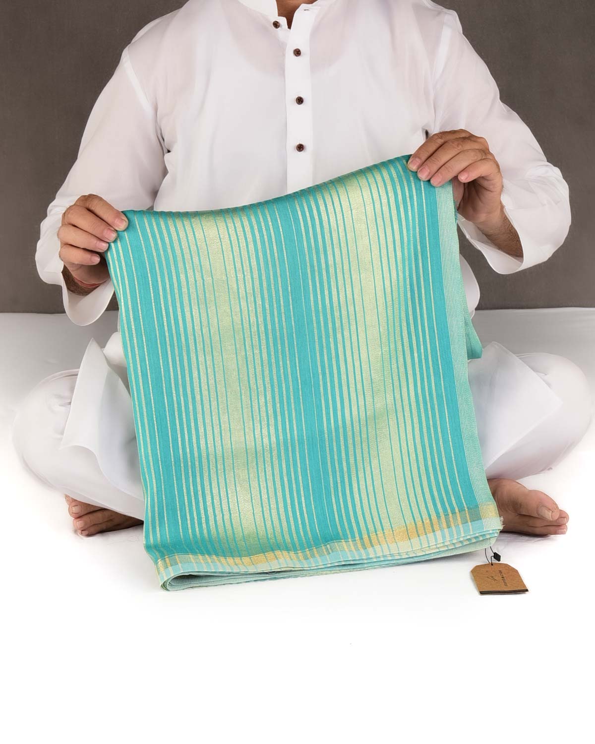 Aqua Marine Gold Zari Graduated Stripes Brocade Woven Muga Silk Banarasi Saree-HolyWeaves