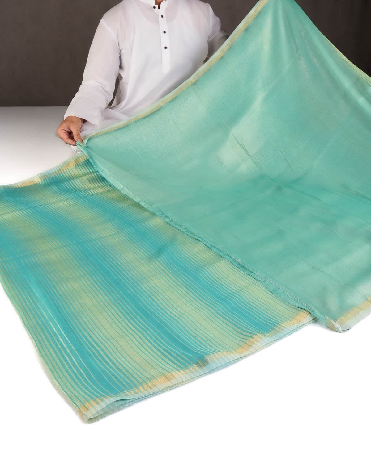 Aqua Marine Gold Zari Graduated Stripes Brocade Woven Muga Silk Banarasi Saree-HolyWeaves