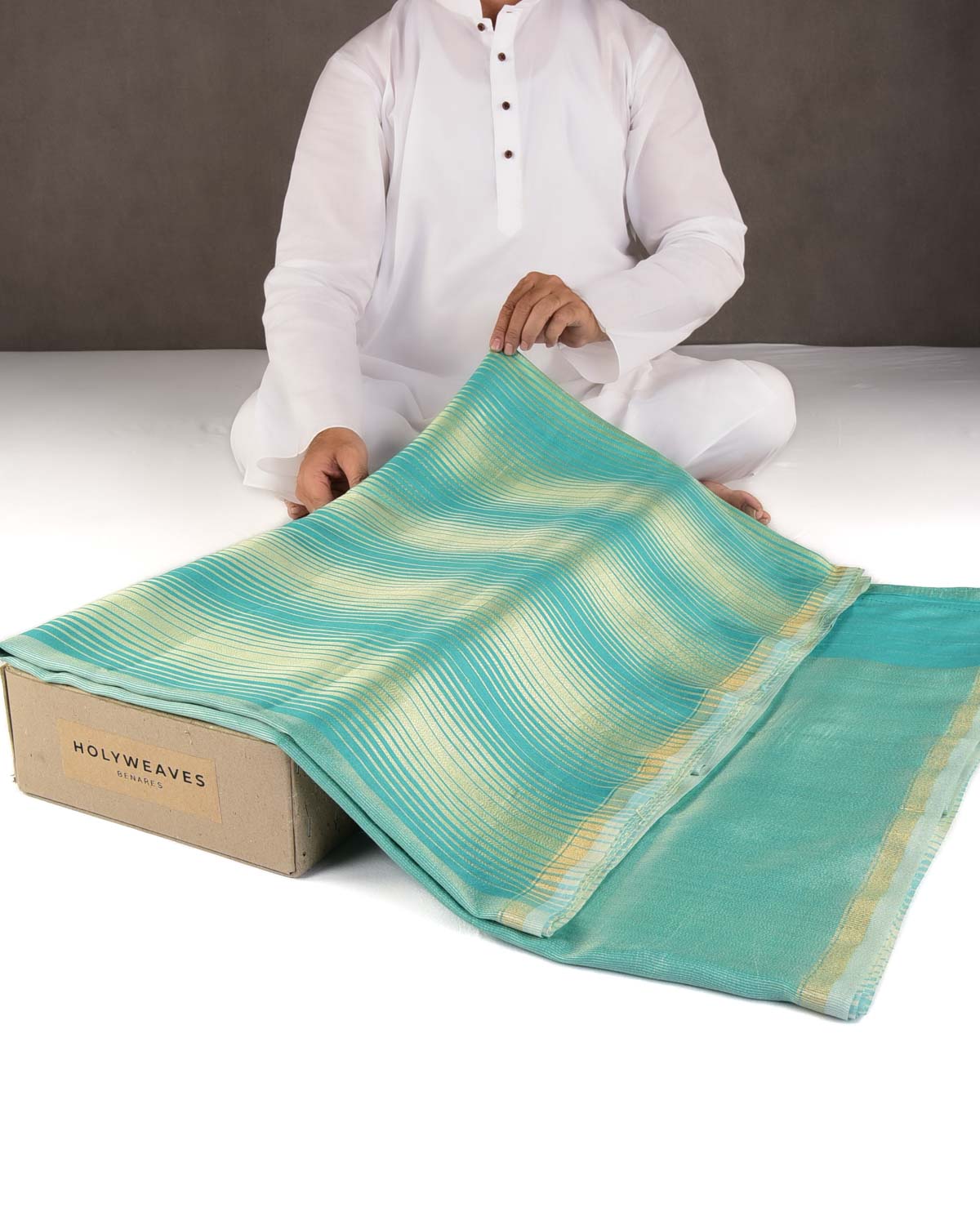 Aqua Marine Gold Zari Graduated Stripes Brocade Woven Muga Silk Banarasi Saree-HolyWeaves