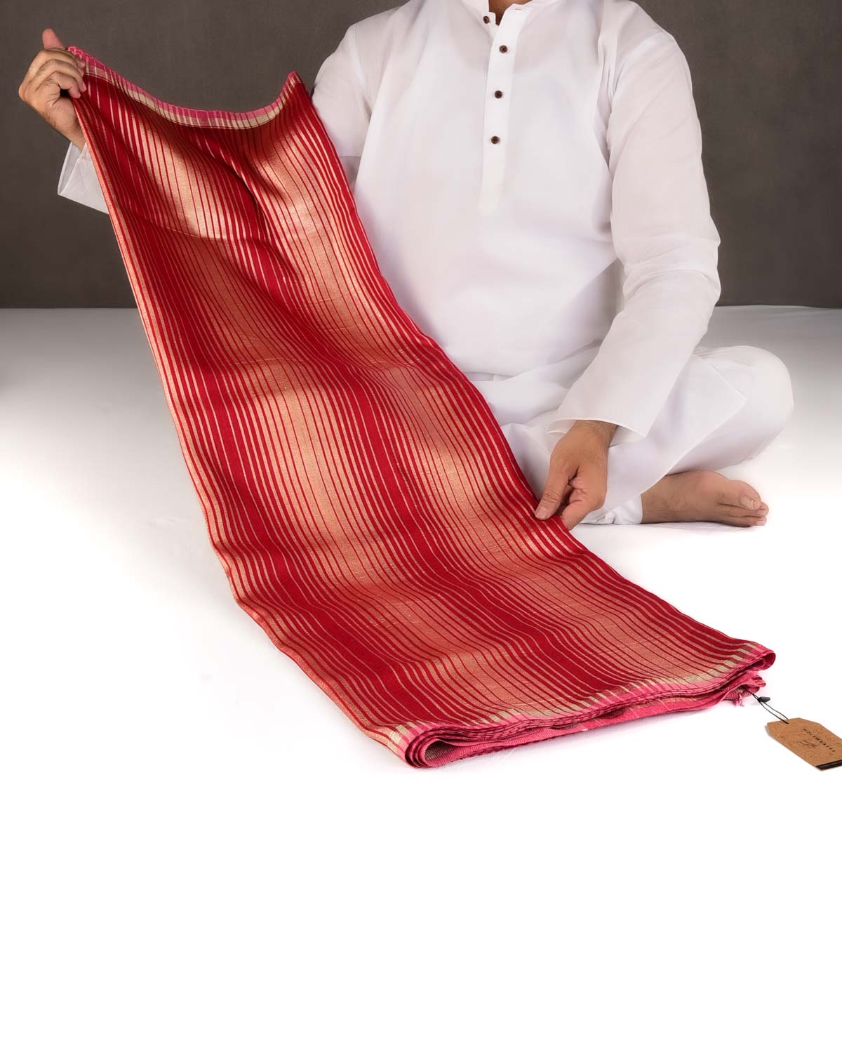 Red Gold Zari Graduated Stripes Brocade Woven Muga Silk Banarasi Saree-HolyWeaves