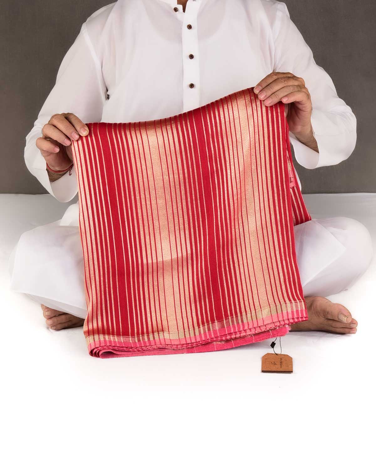 Red Gold Zari Graduated Stripes Brocade Woven Muga Silk Banarasi Saree-HolyWeaves