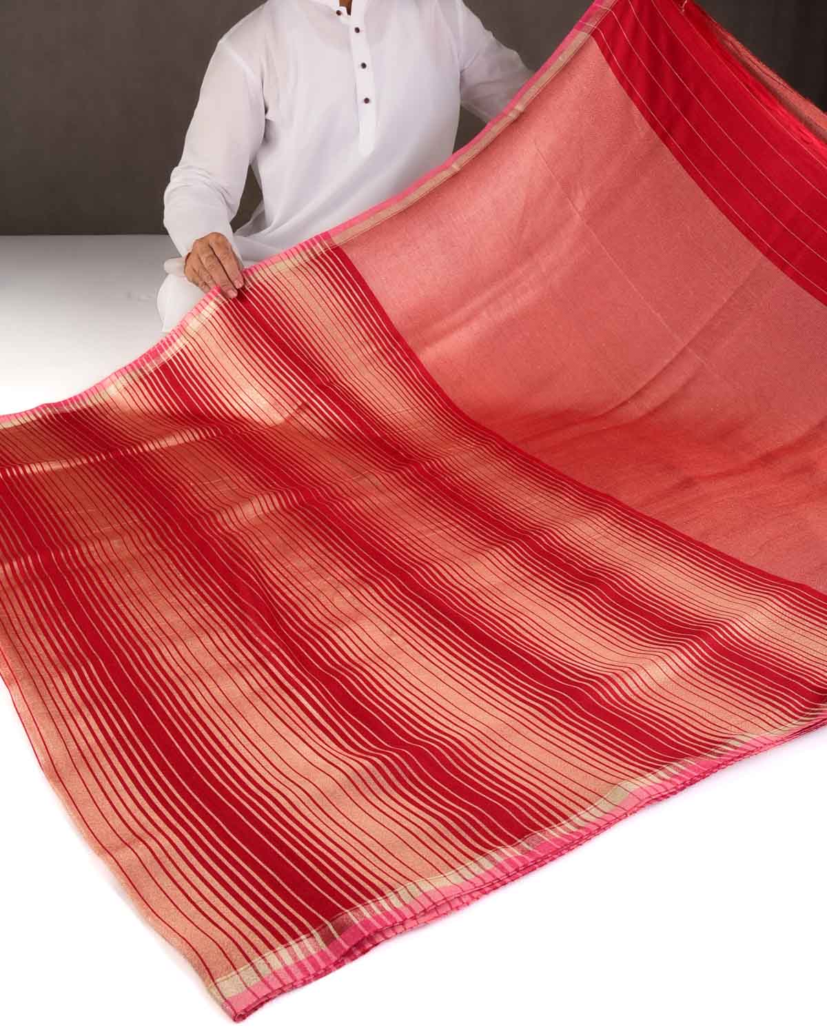 Red Gold Zari Graduated Stripes Brocade Woven Muga Silk Banarasi Saree-HolyWeaves